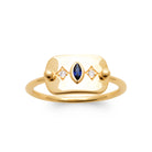 Bague plaque rectangulaire pierre navette bleu outremer et zircons en plaqué or