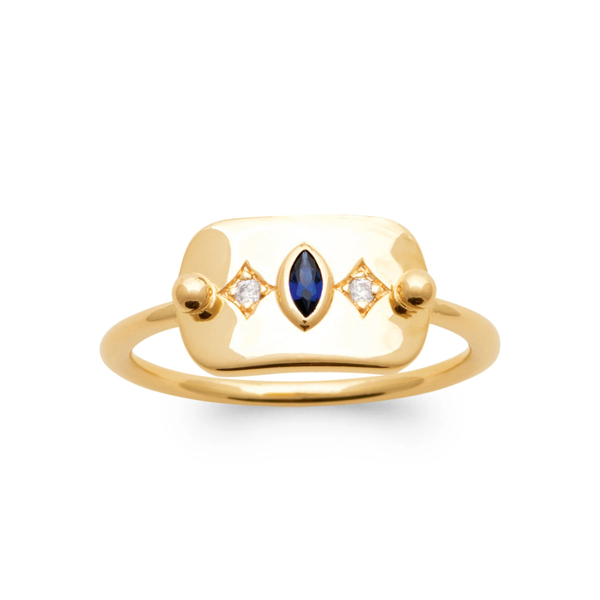 Bague plaque rectangulaire pierre navette bleu outremer et zircons en plaqué or
