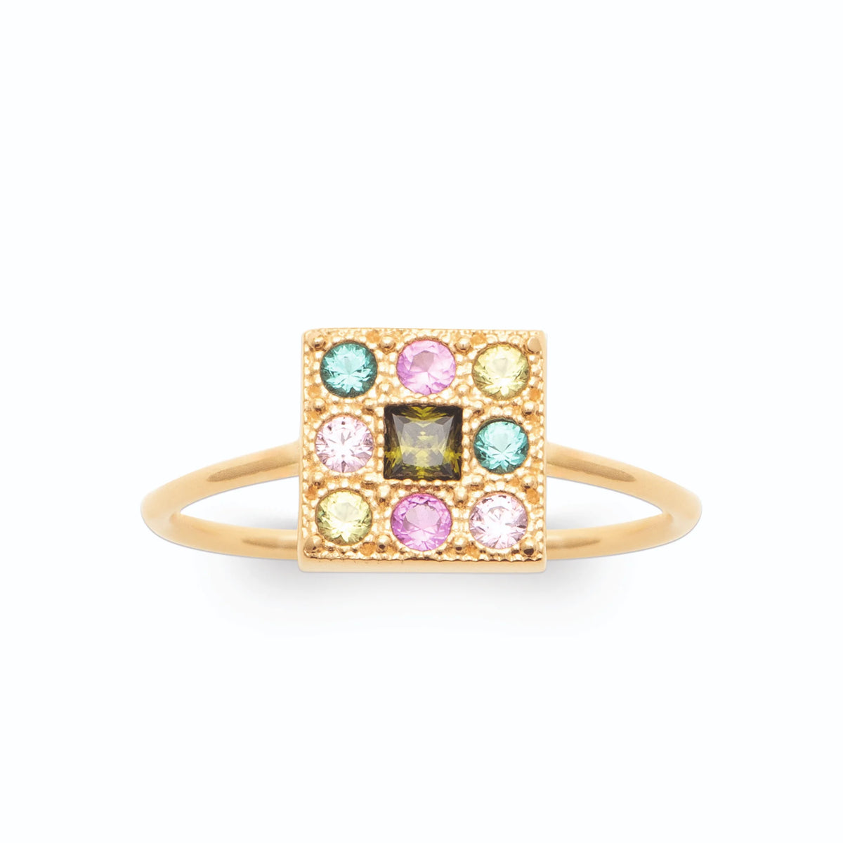 Bague plateau carré pierre verte et damier de pierres pastel en plaqué or