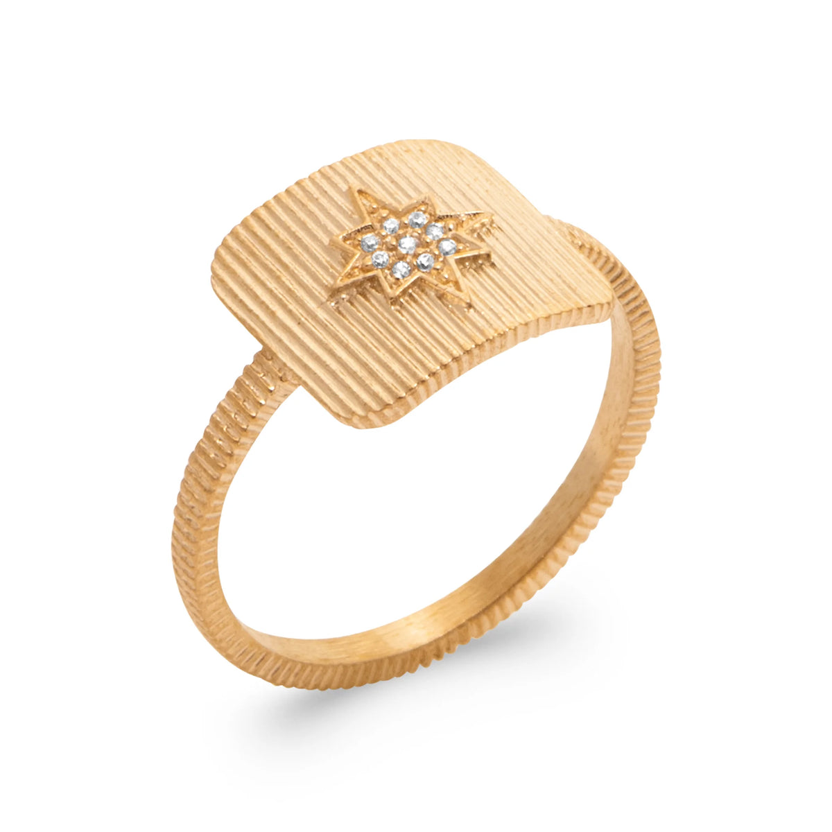 Bague plateau carré strié étoile de zircons sur anneau côtelé en plaqué or