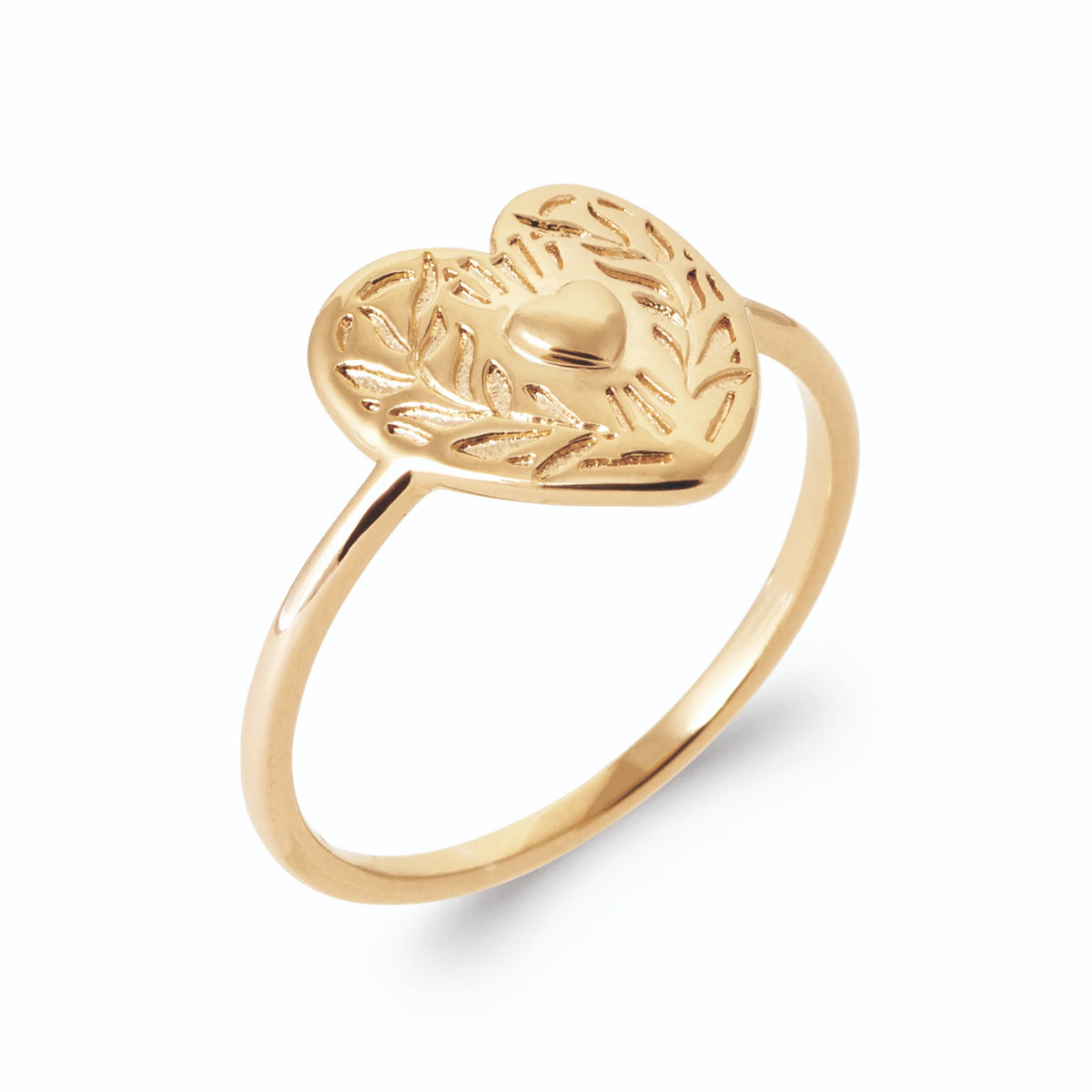 Bague plateau en cœur gravé de feuillages en plaqué or