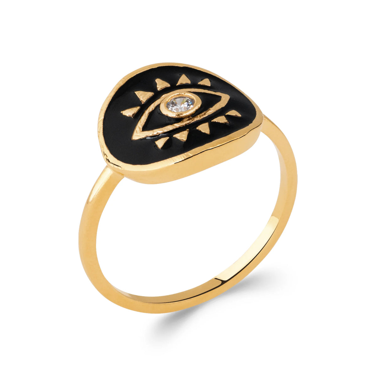 Bague plateau laqué noir œil d’or et zircon central en plaqué or