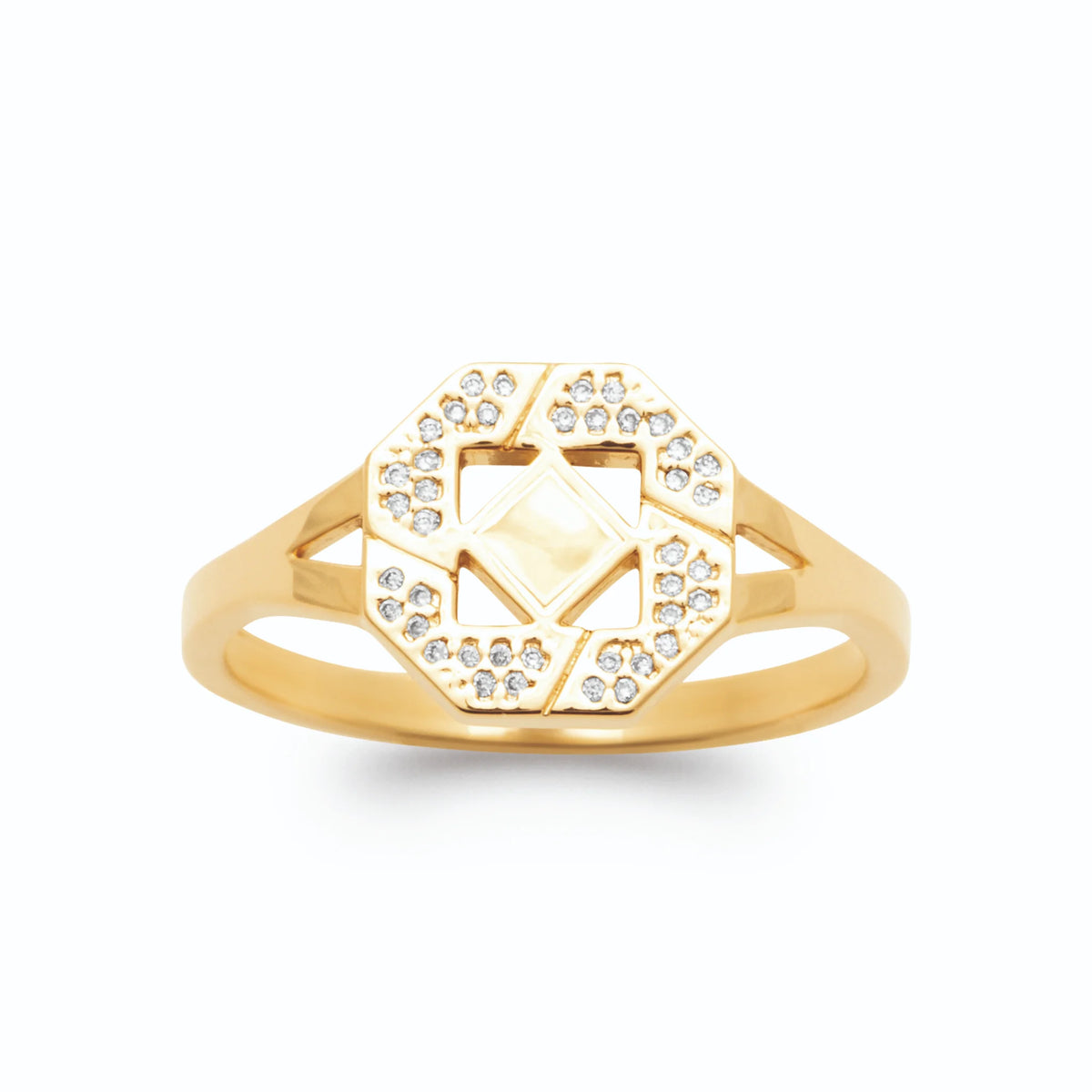 Bague plateau octogonal façon chevalière et triangles de zircons plaqué or, vue de face