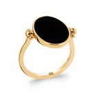 Bague plateau ovale laqué noir uni encadré de deux billes d’or en plaqué or