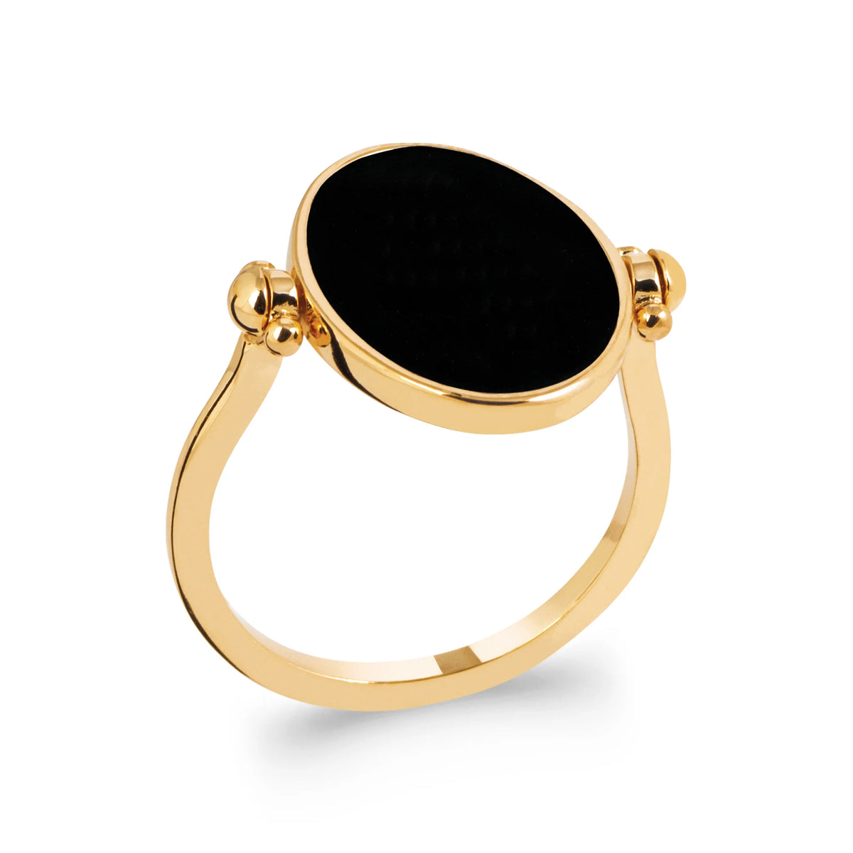 Bague plateau ovale laqué noir uni encadré de deux billes d’or en plaqué or