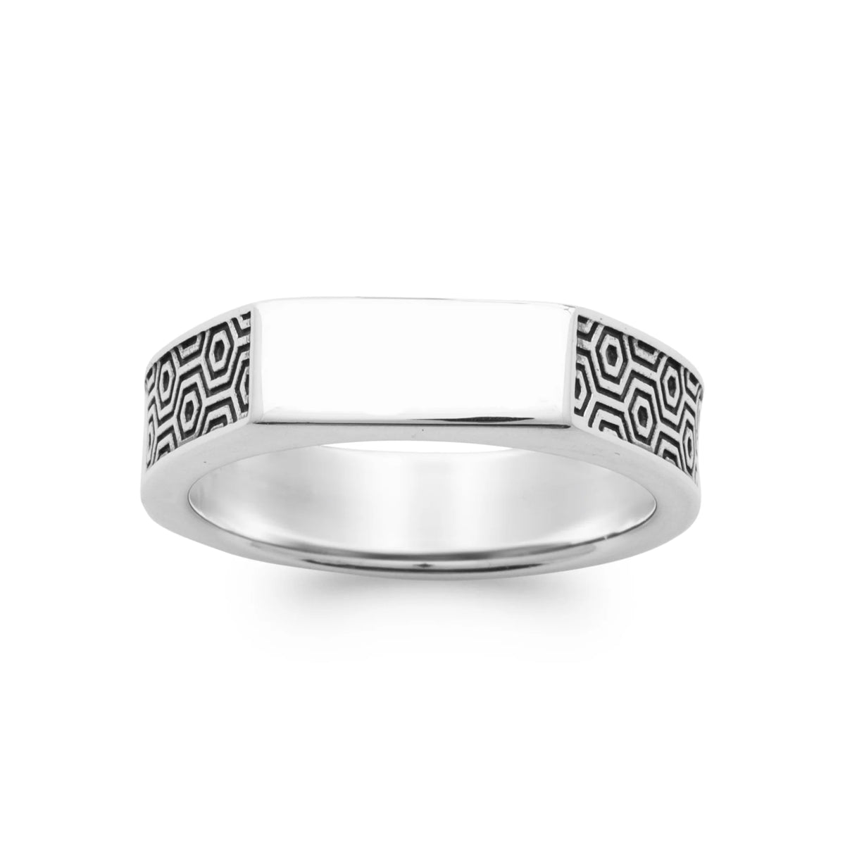 Bague plateau rectangulaire à flancs nid d’abeille en argent 925 vu de profil