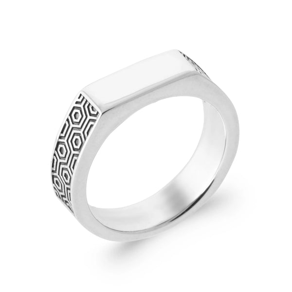Bague plateau rectangulaire à flancs nid d’abeille en argent 925