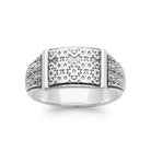 Bague plateau rectangulaire gravé de motifs aztèques en argent 925 homme vu de profil