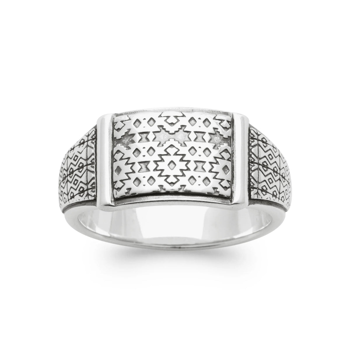 Bague plateau rectangulaire gravé de motifs aztèques en argent 925 homme vu de profil