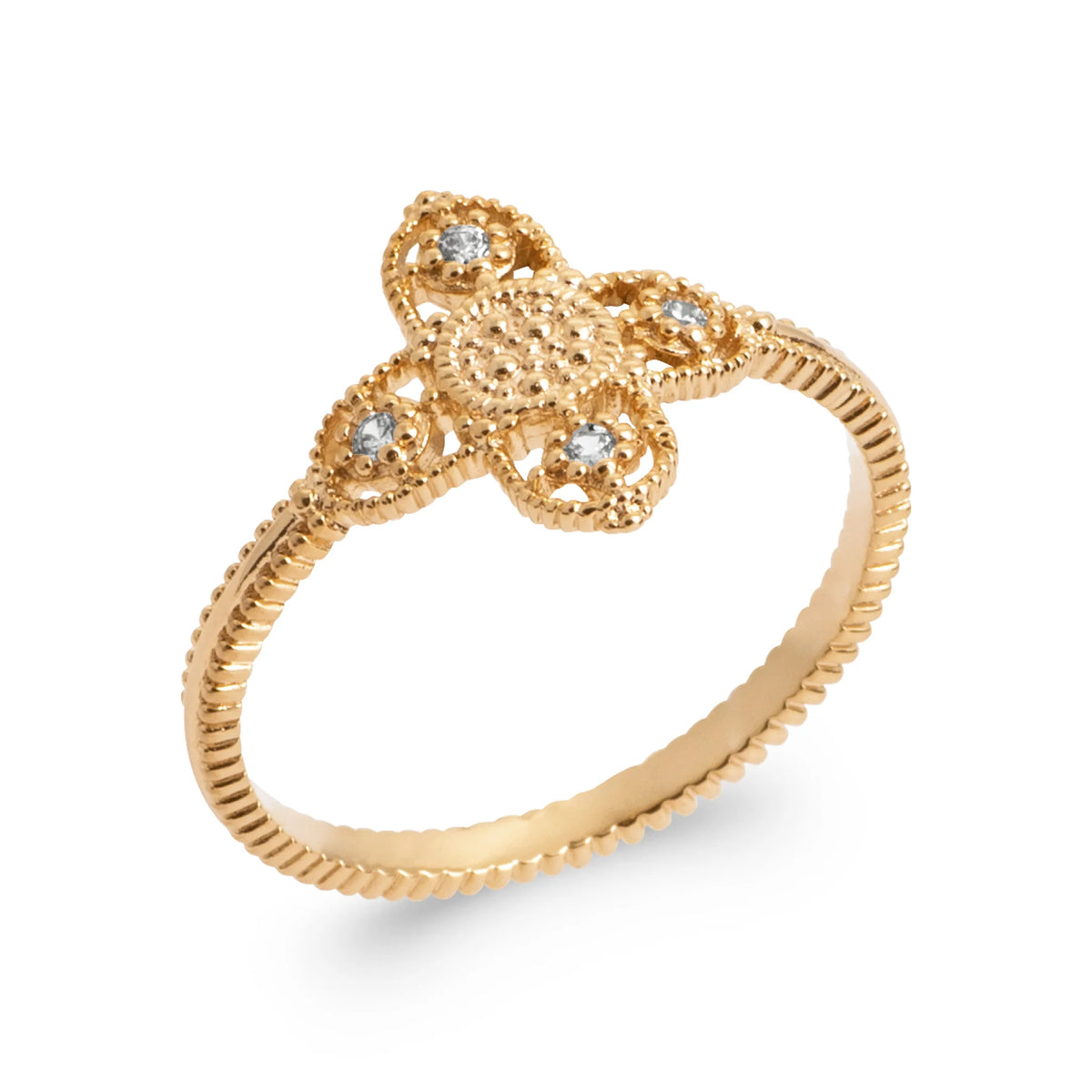 Bague quadrilobe en filigrane perlé et zircons sur anneau torsadé en plaqué or