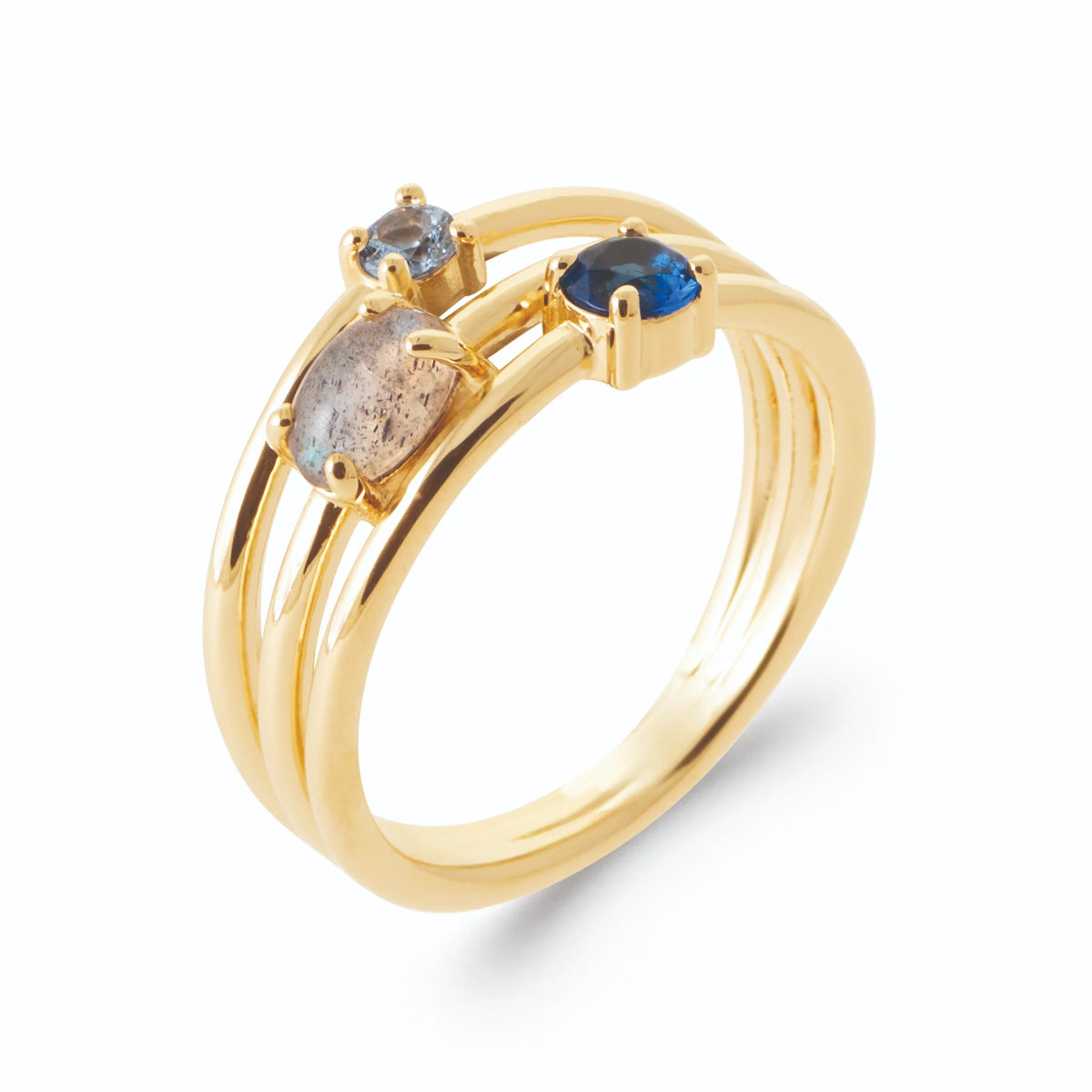 Bague quatre anneaux fins et pierres grises et bleues en plaqué or