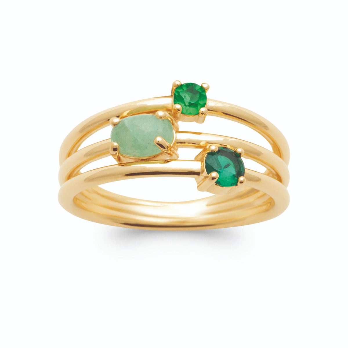 Bague quatre anneaux fins et pierres vertes en plaqué or