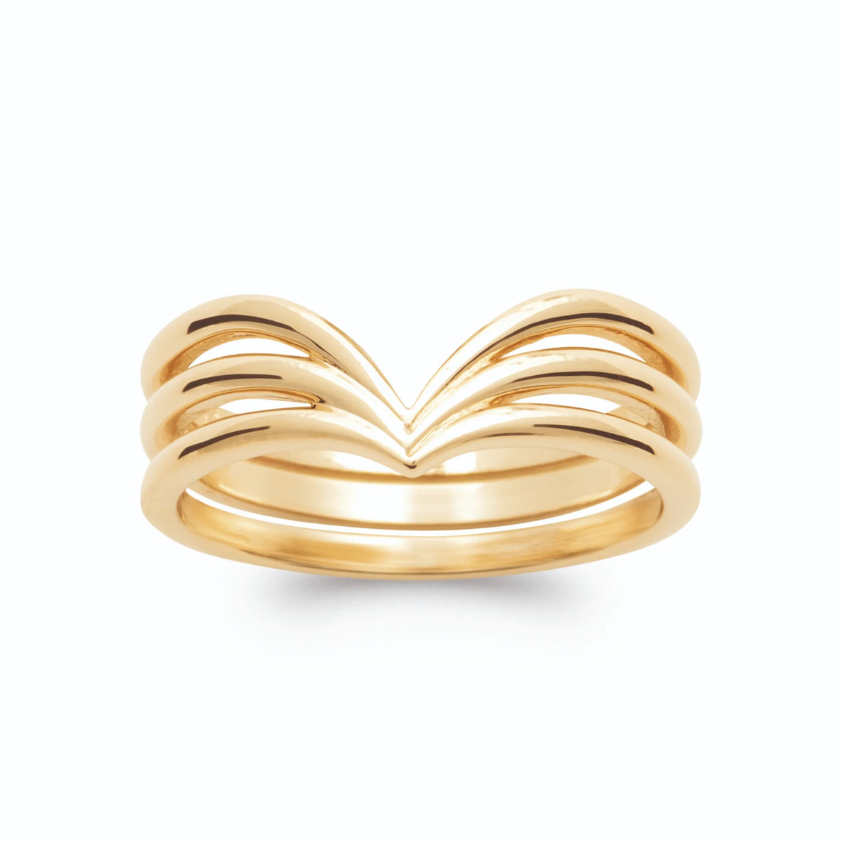 Bague quatre anneaux fins superposés en V effet empilé plaqué or, vue de face