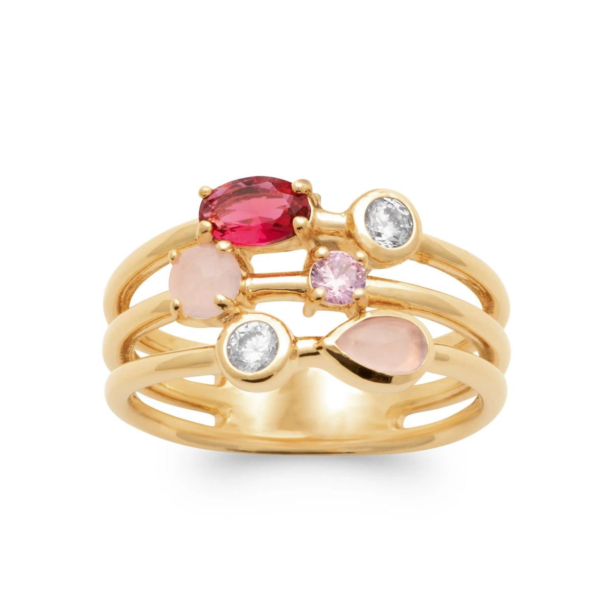 Bague quatre anneaux, pierre rouge framboise et cabochons roses en plaqué or