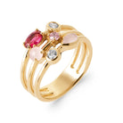 Bague quatre anneaux, pierre rouge framboise et cabochons roses en plaqué or