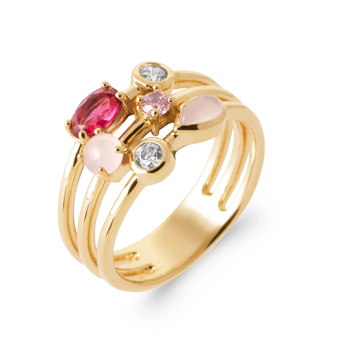 Bague quatre anneaux, pierre rouge framboise et cabochons roses en plaqué or