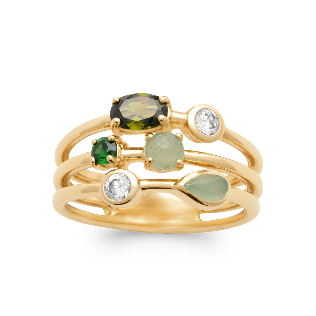 Bague quatre anneaux et pierres camaïeu de verts en plaqué or