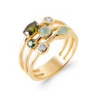Bague quatre anneaux et pierres camaïeu de verts en plaqué or