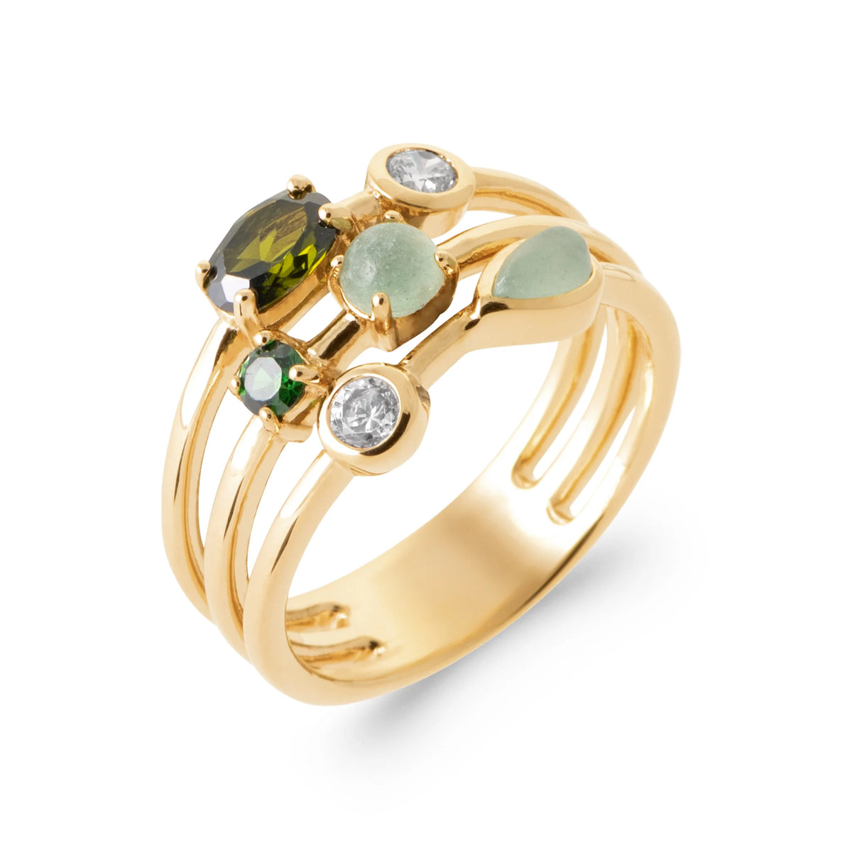 Bague quatre anneaux et pierres camaïeu de verts en plaqué or
