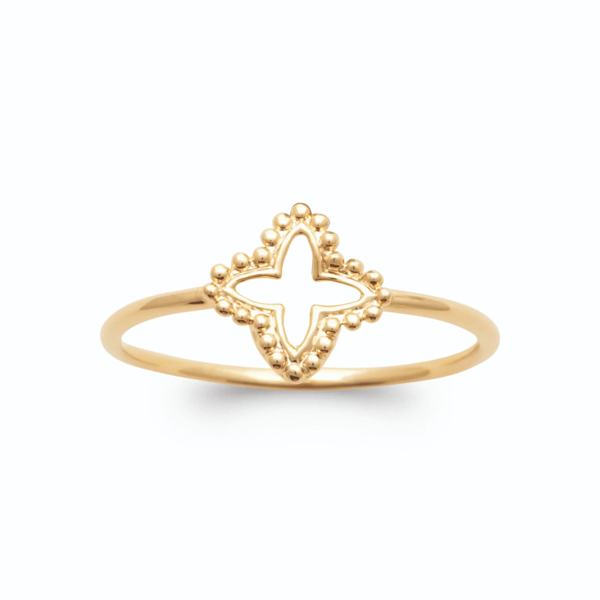 Bague quatre-feuilles ajouré contour perlé de grains d’or en plaqué or