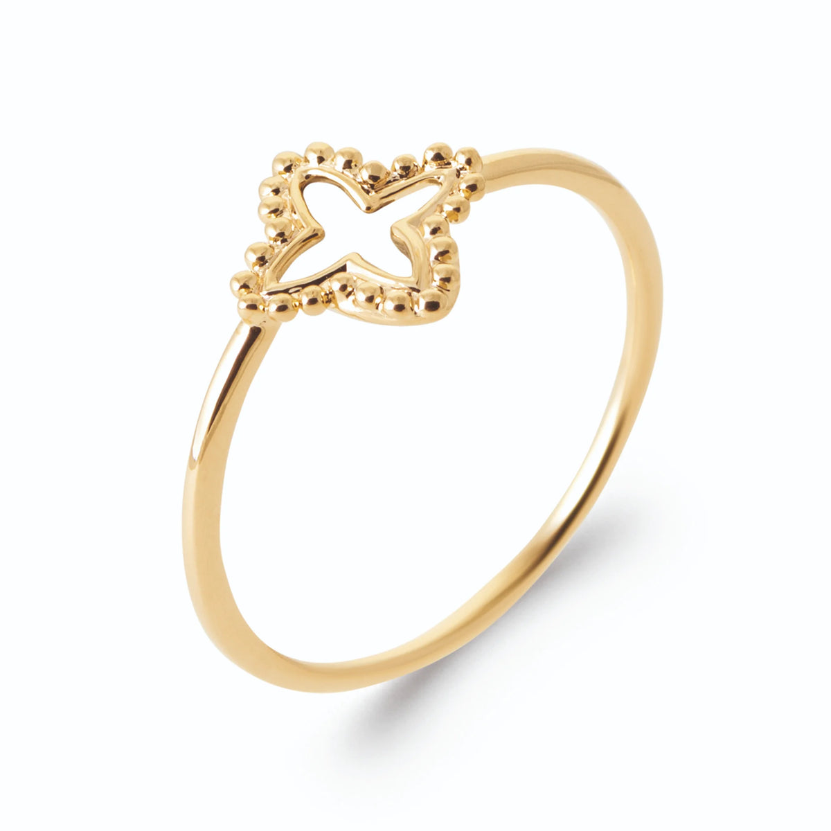 Bague quatre-feuilles ajouré contour perlé de grains d’or en plaqué or