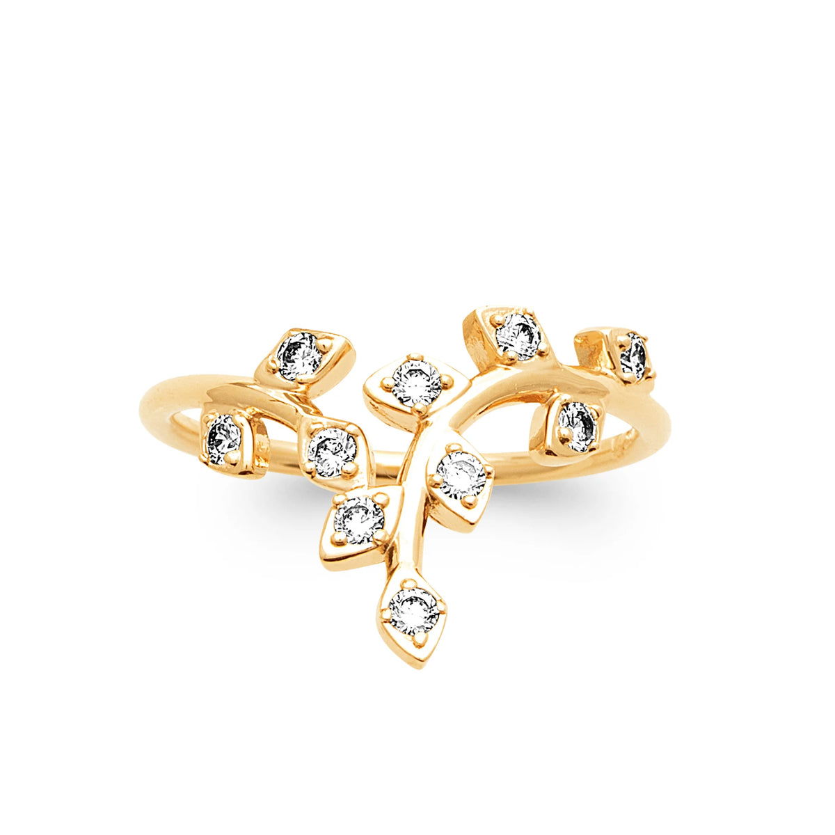 Bague rameaux feuillagés et zircons plaqué or, vue de face