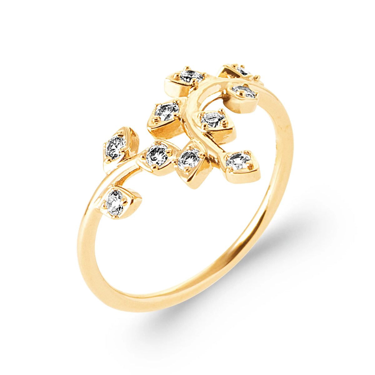 Bague rameaux feuillagés et zircons en plaqué or, vue de trois quarts