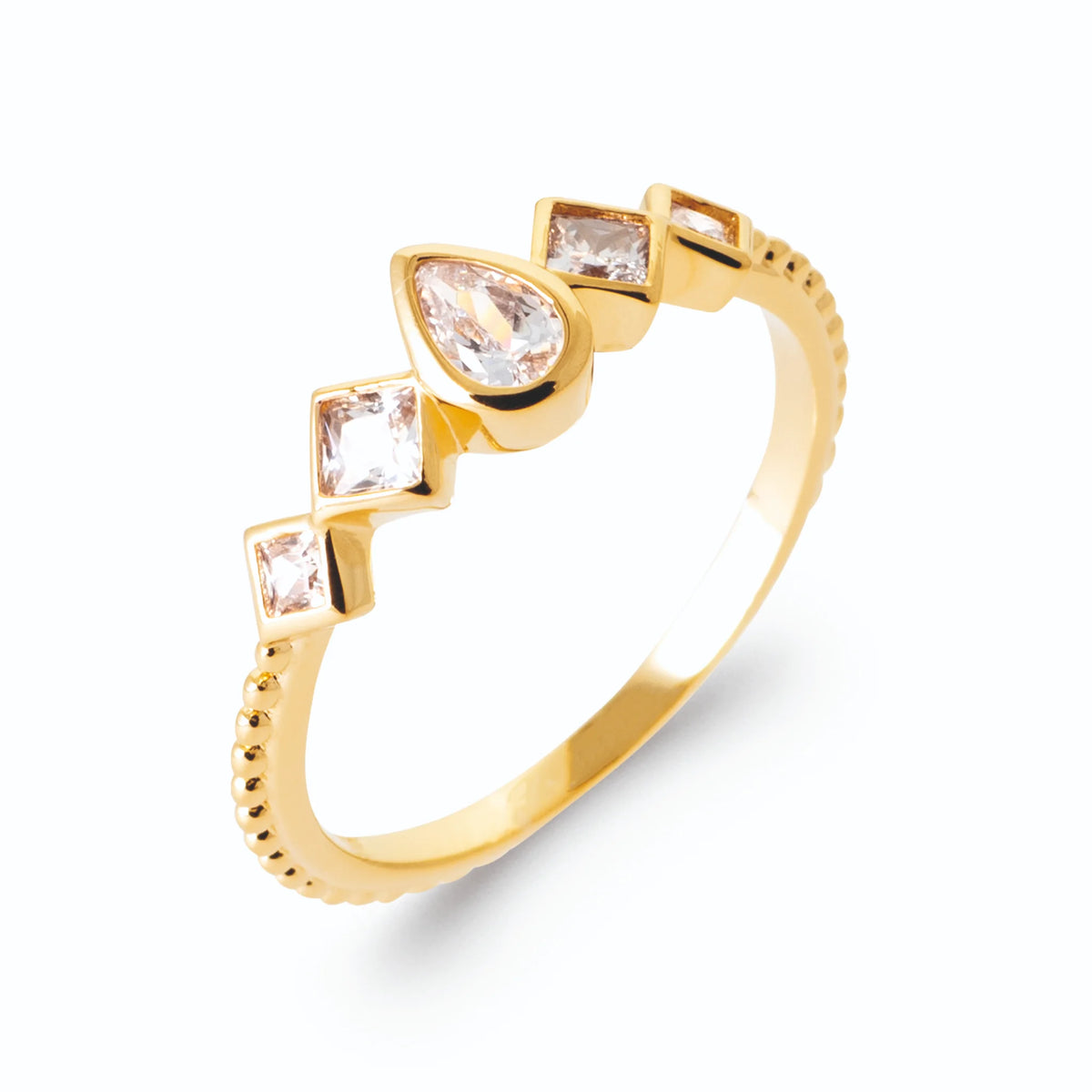 Bague rangée dégressive de zircons poire, carré et rond en plaqué or