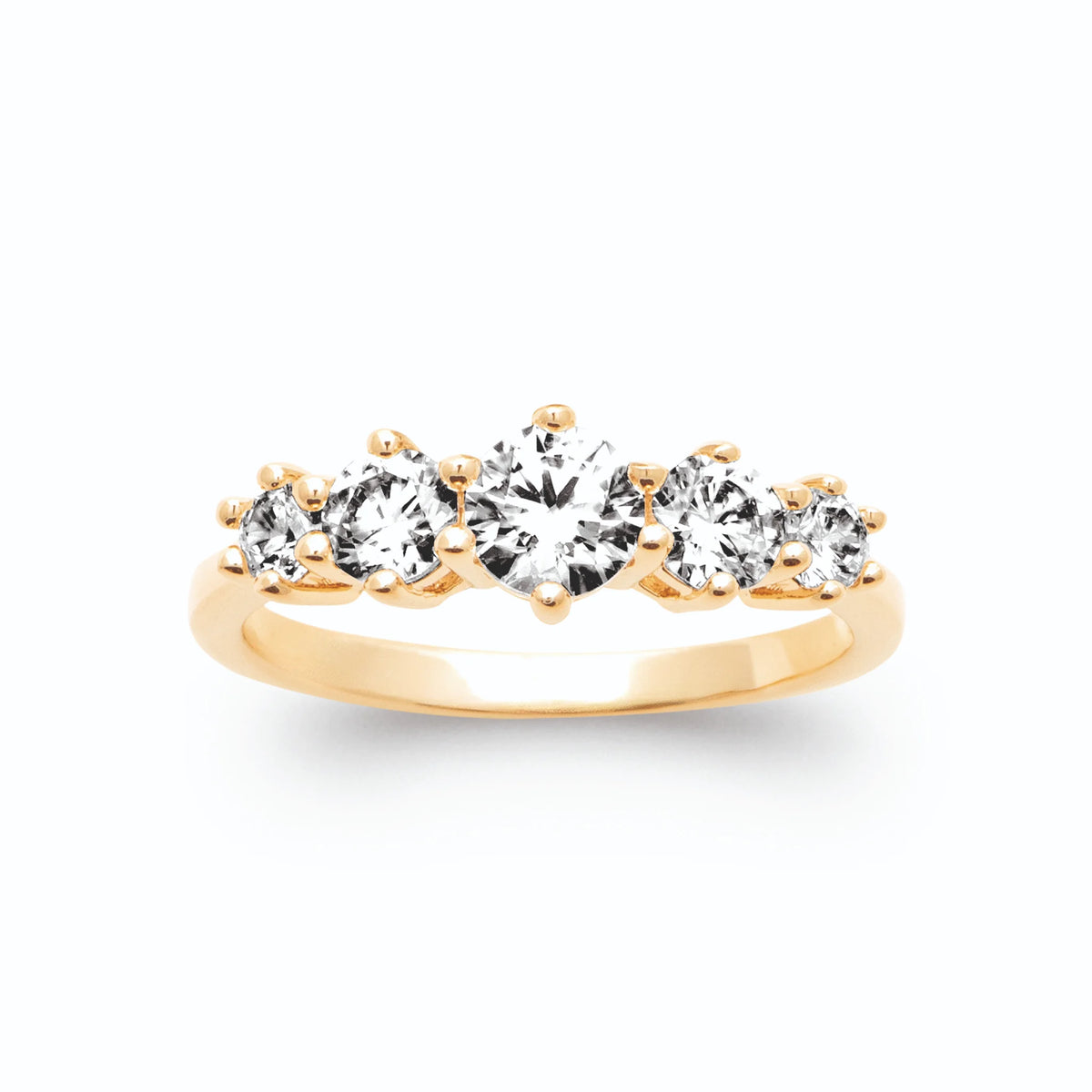 Bague rivière cinq zircons en dégradé plaqué or, vue de face