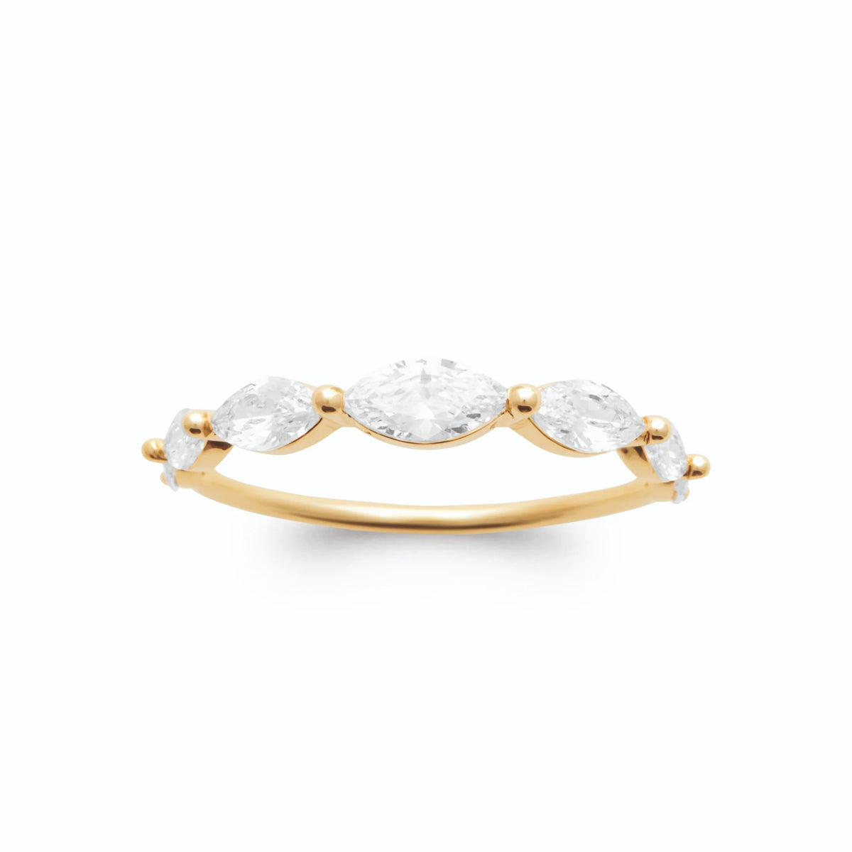 Bague rivière de zircons navettes et ronds plaqué or, vue de face