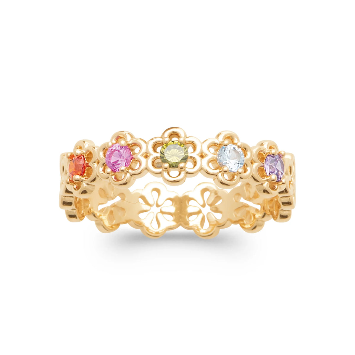 Bague ronde de fleurs ajourées pierres multicolores plaqué or, vue de face