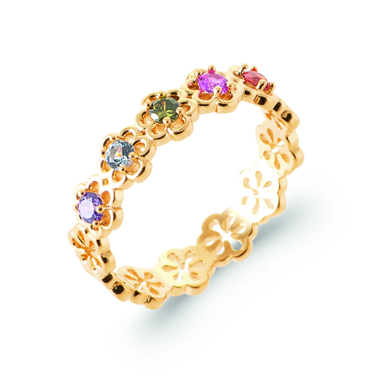 Bague ronde de fleurs ajourées pierres multicolores en plaqué or, vue de trois quarts