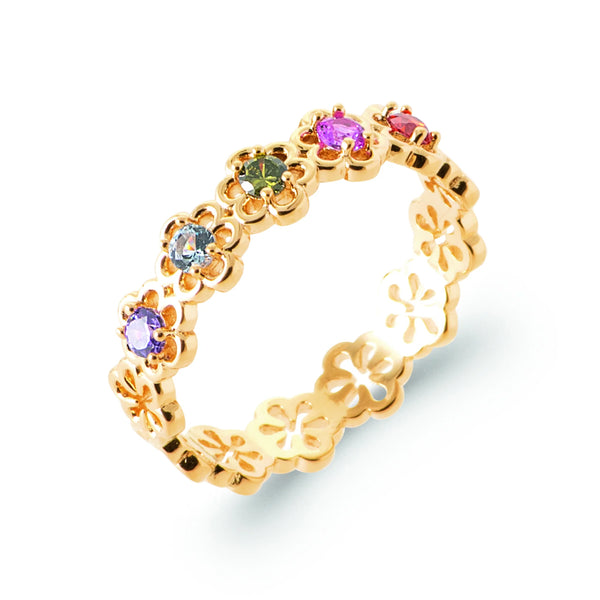 Bague ronde de fleurs ajourées pierres multicolores en plaqué or, vue de trois quarts