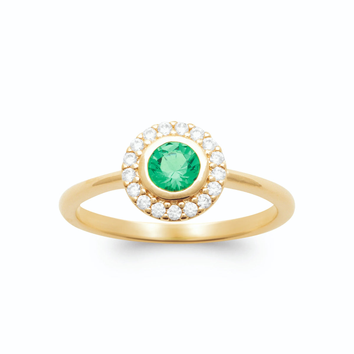 Bague ronde vert intense serti clos entourage de zircons en plaqué or