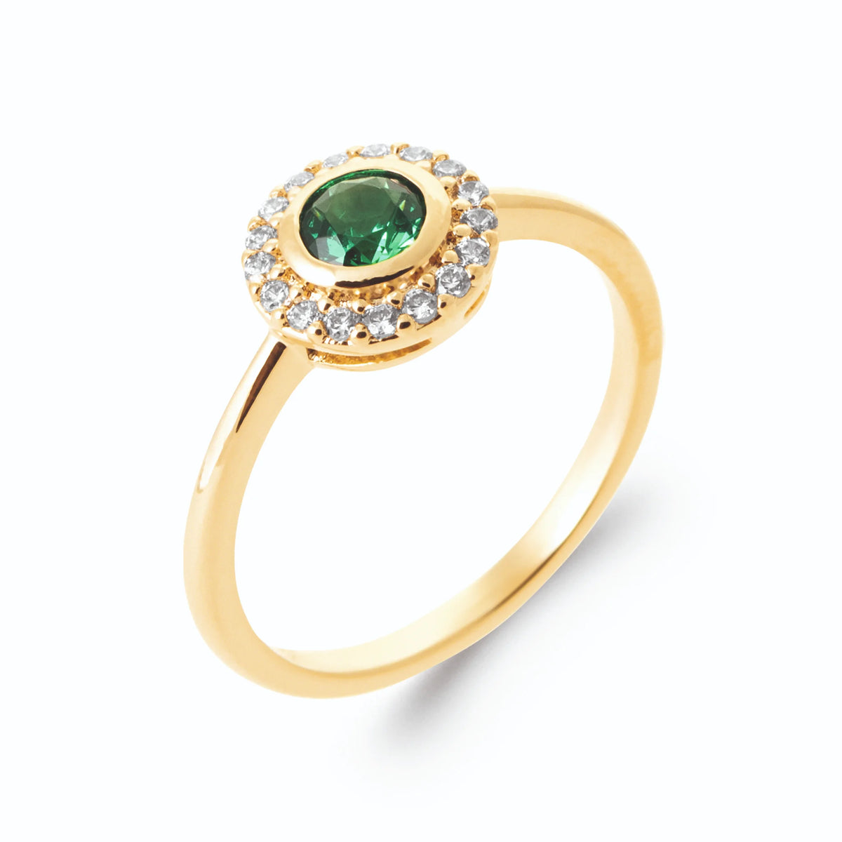 Bague ronde vert intense serti clos entourage de zircons en plaqué or