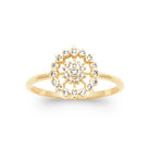 Bague plaqué or, rosace ronde ajourée cerclée de zircons sertis clos, vue de face