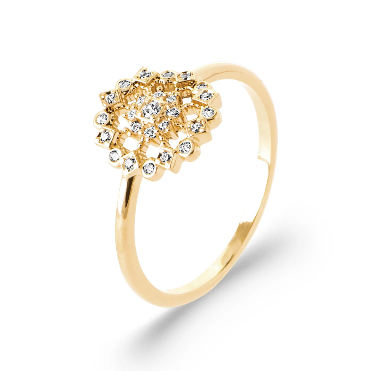 Bague rosace dentelle zircons en plaqué or, vue de trois quarts