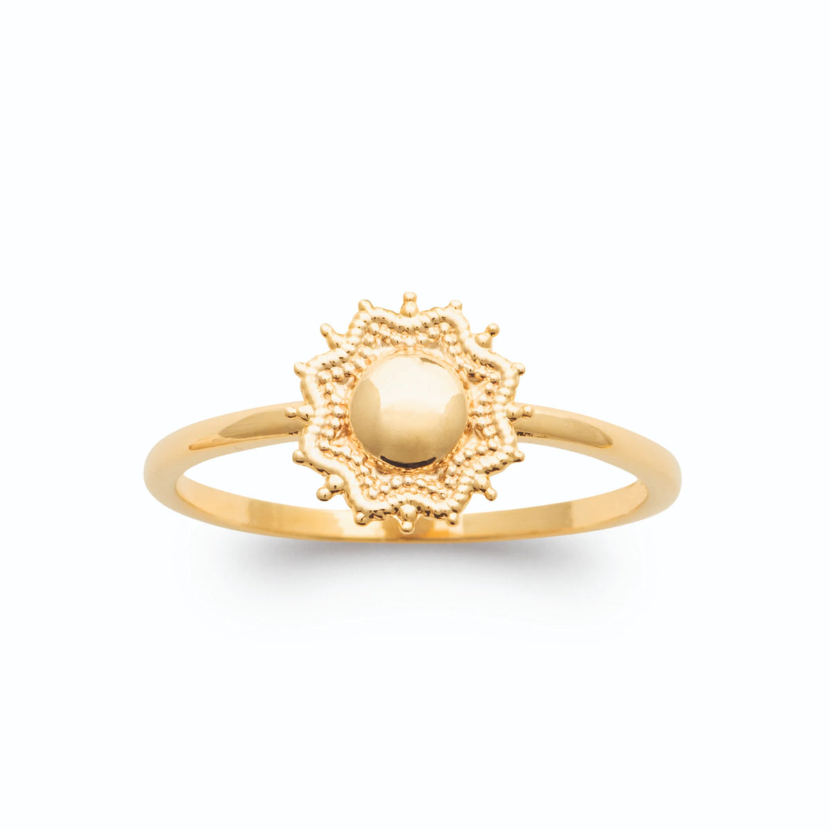 Bague rosace étoilée en grains d’or et dôme poli plaqué or, vue de face