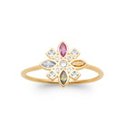 Bague rosace pierres navettes de couleur et zircons en plaqué or