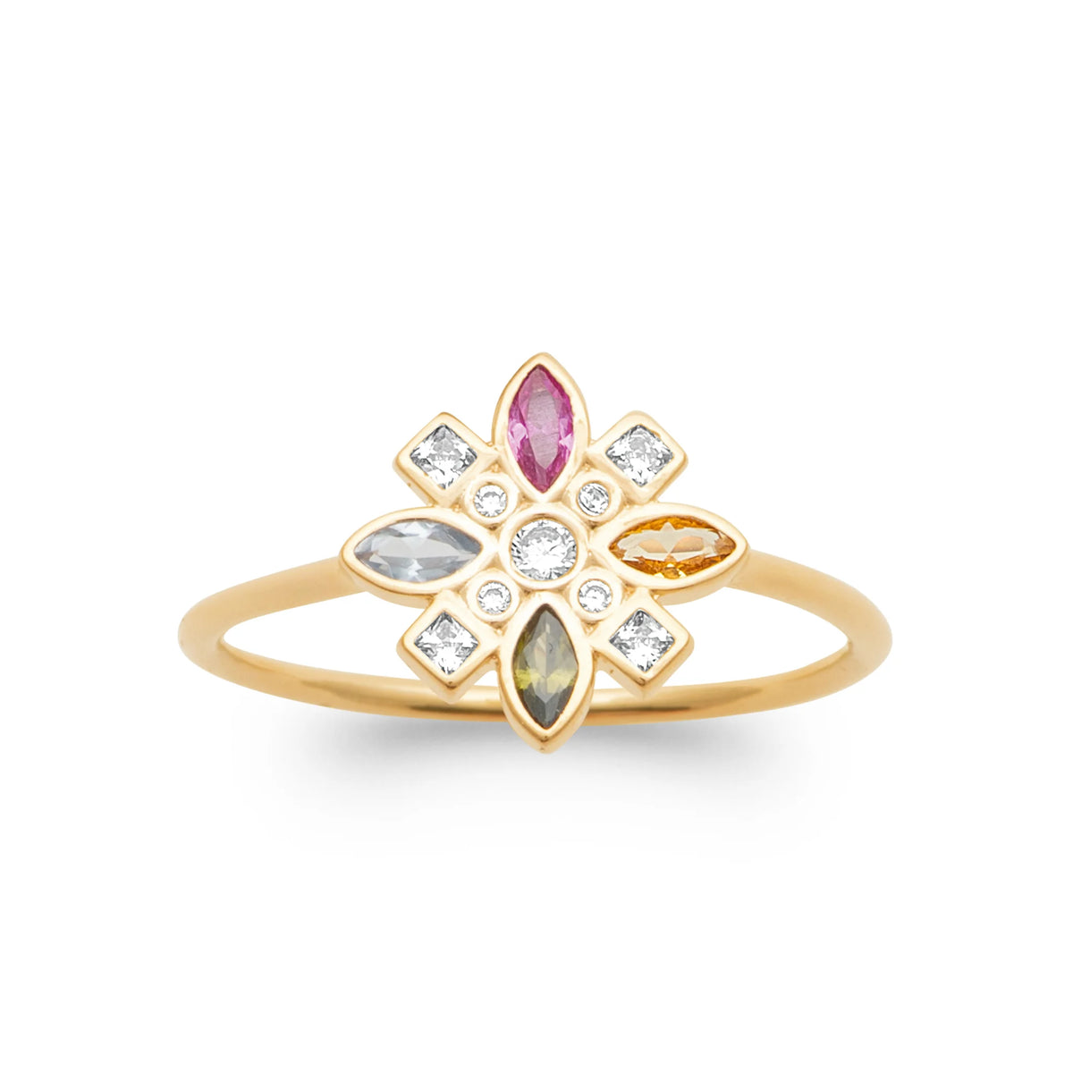 Bague rosace pierres navettes de couleur et zircons plaqué or, vue de face