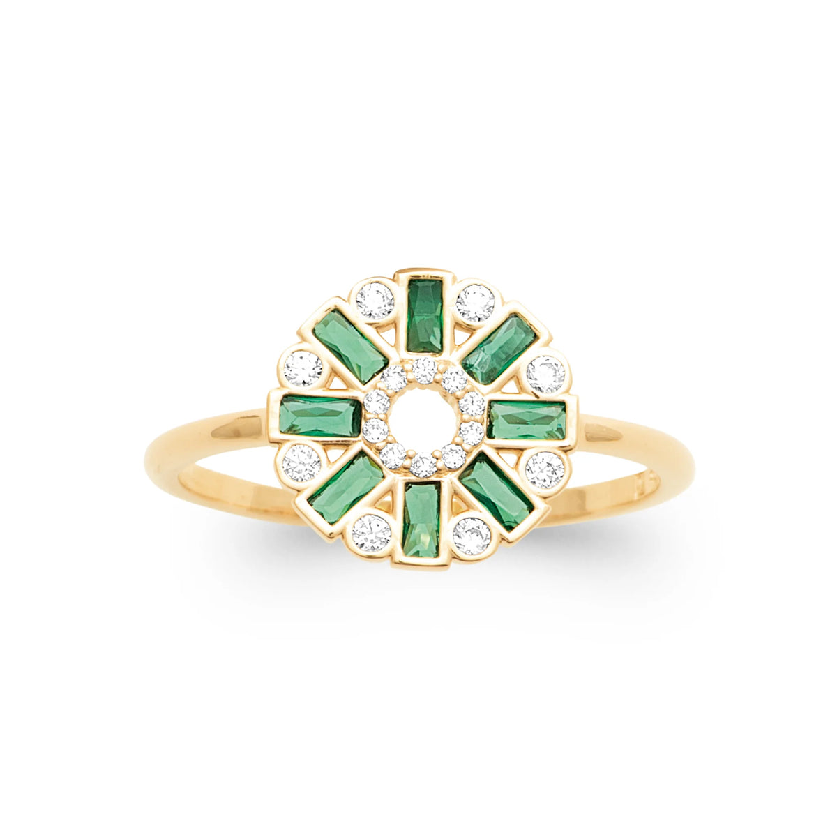 Bague rosace pierres baguettes vertes et zircons plaqué or, vue de face