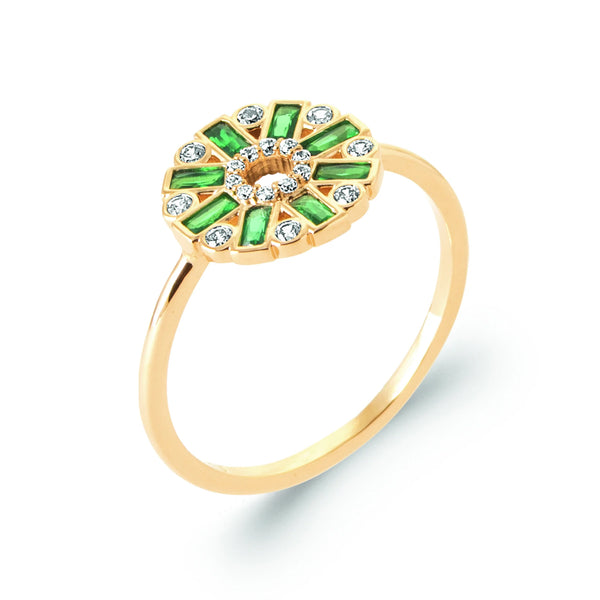 Bague rosace pierres baguettes vertes et zircons en plaqué or, vue de trois quarts