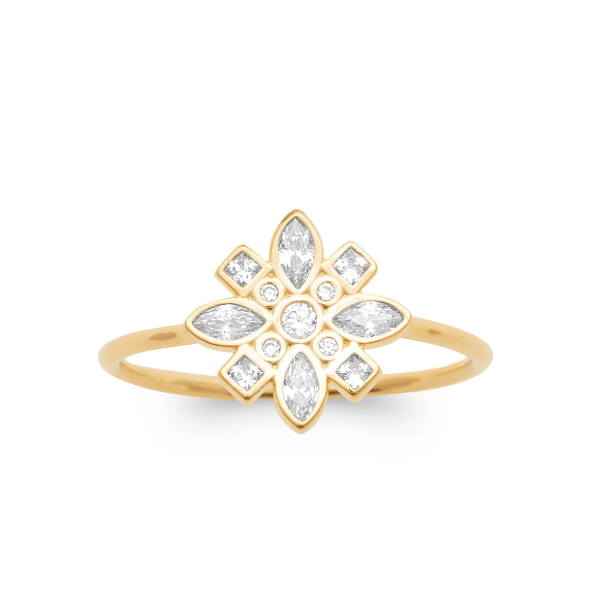 Bague rosace zircons navettes carrés et ronds plaqué or, vue de face