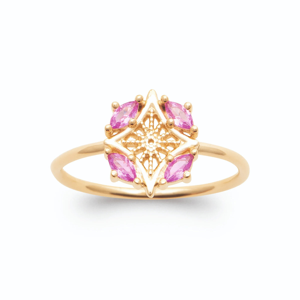 Bague rose des vents filigranée quatre pierres roses en plaqué or