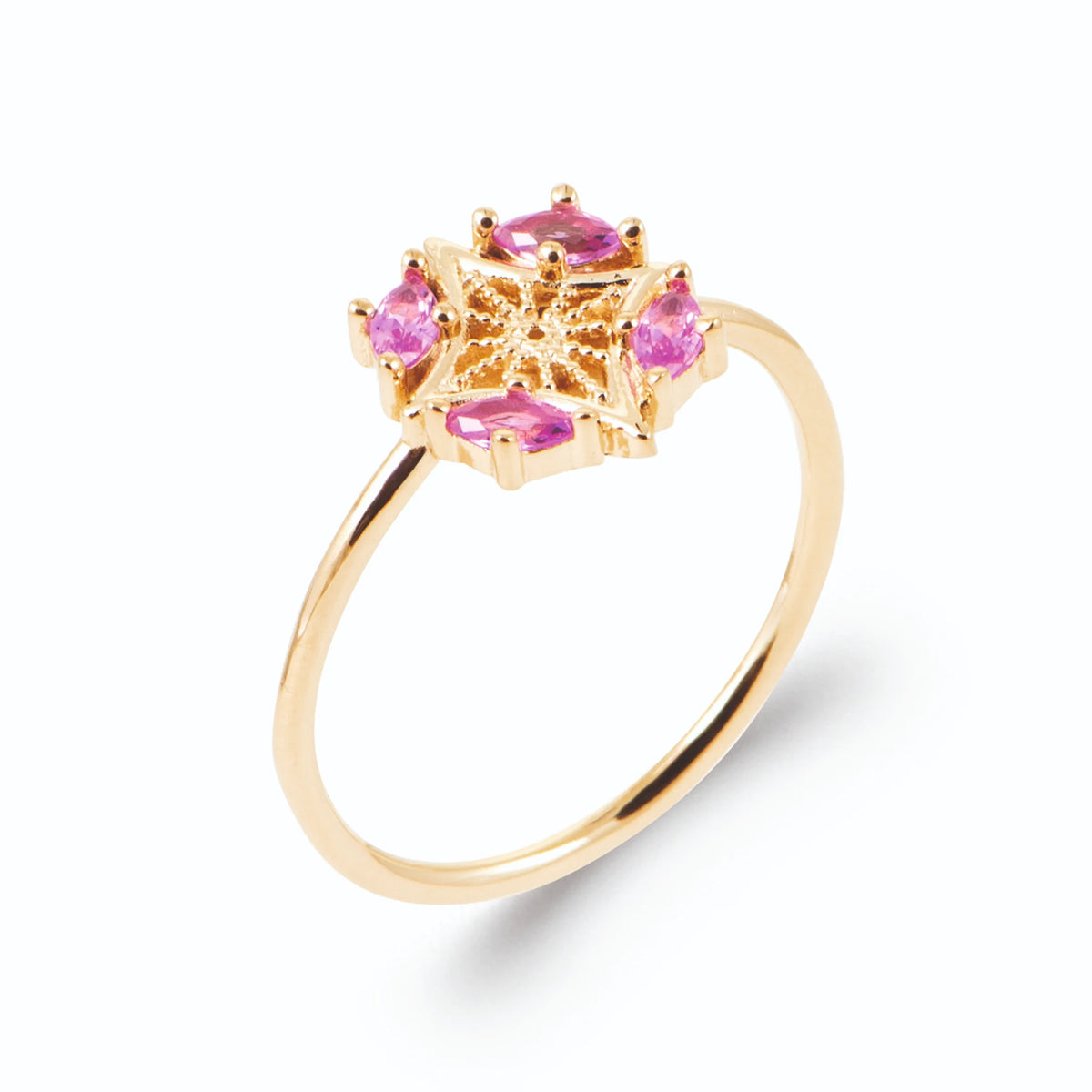 Bague rose des vents filigranée quatre pierres roses en plaqué or