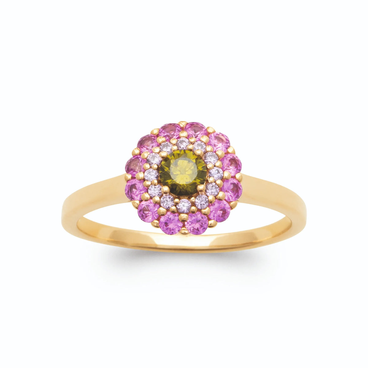 Bague rosette pierre vert olive et cercles de pierres blanches et rose lilas plaqué or, vue de face