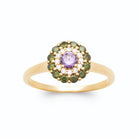 Bague rosette pierre violette, zircons et pierres vert foncé plaqué or, vue de face