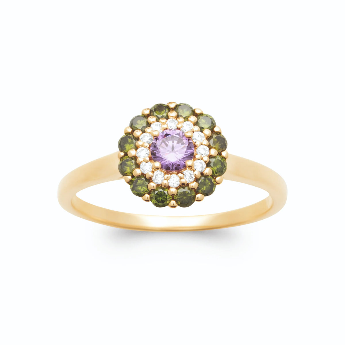 Bague rosette pierre violette, zircons et pierres vert foncé plaqué or, vue de face