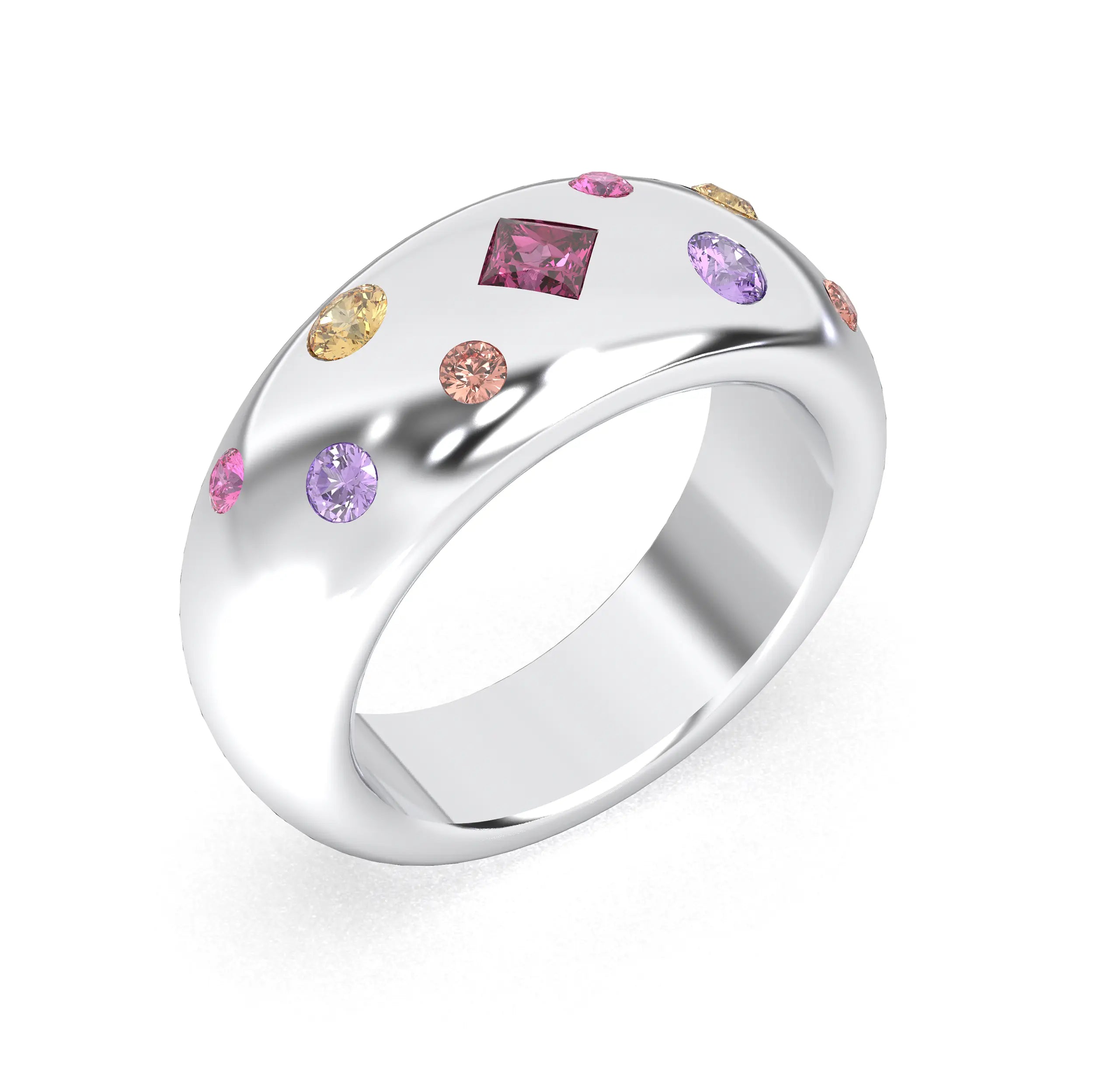 Bague Sabrina Argent 950 massif avec pierre centrale carrée – Pierres Fines et Précieuses au Choix Saphir rose - Saphir pêche - Grenat rhodolite - Améthyste - Citrine
