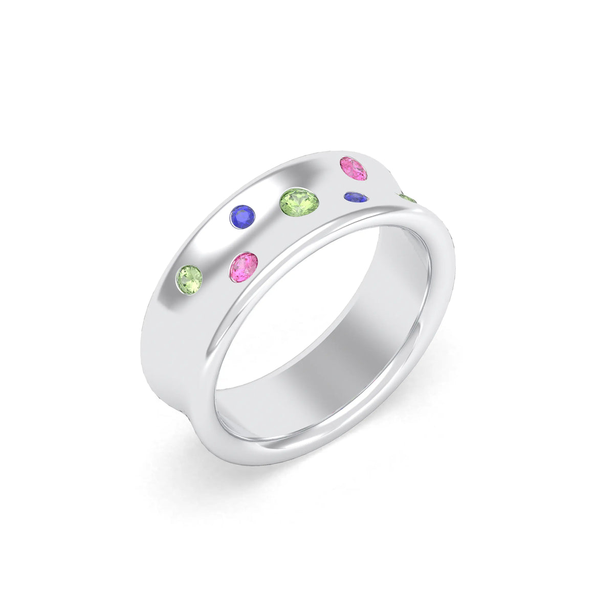 Bague Sabrina Incurvée en argent 950, saphirs, rubis et pierres fines Péridot